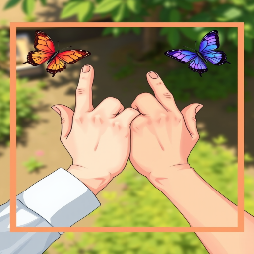 Create an illustration of two hands interlocking fingers inside a square border, with colorful butterflies in the top corners, using a high-resolution digital art style, viewed from a slightly above angle, captured with a 50mm lens, f/1.8 aperture, and soft natural lighting effect.