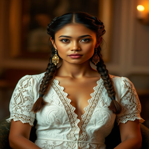 Create a portrait of a refined and elegant Cambodian woman seated in a sophisticated setting. She has long, wavy hair styled in two thick braids that are pulled over her shoulders. She wears a white, lace gown with intricate patterns, featuring a deep V-neckline and short sleeves. The dress exudes a vintage charm with its delicate lacework. She is adorned with ornate, dangling earrings that add a touch of glamour to her appearance. The background is softly lit, with warm, ambient lighting that creates a cozy and inviting atmosphere. Her expression is poised and serene, capturing a sense of grace and elegance.