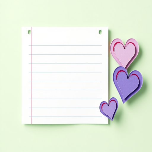 Create a digital illustration of a blank notepad with a light green background, featuring a white rectangular area with blue lines for writing, and three layered hearts in shades of purple on the right side; use a DSLR camera with a 50mm lens, aperture set to f/2.8, shutter speed of 1/100 second, and ISO 200 for enhanced clarity and depth.