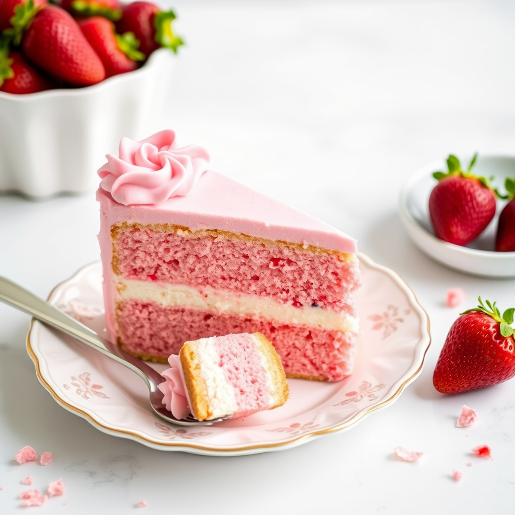 A slice of cake on a decorative white plate with a fork beside it the cake has pink and white layers and is topped with pink frosting a bowl of fresh strawberries is in the background along with some crushed cake crumbs scattered around