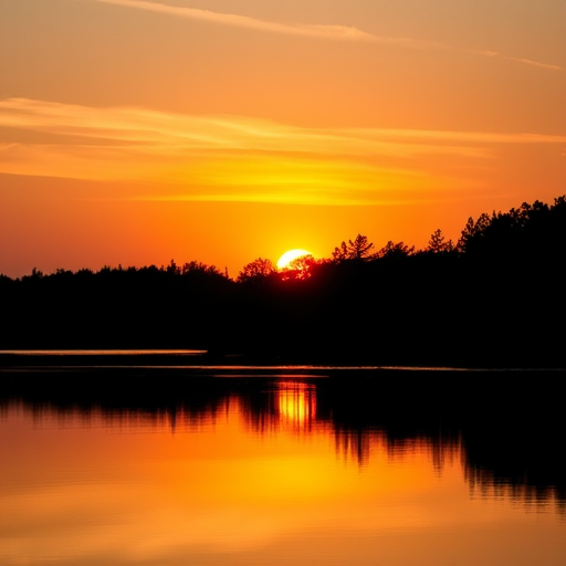 Generate a high-resolution image of a serene sunset over a calm lake with reflections, taken with a DSLR camera at f/8, ISO 100, 1/200 sec, using a wide-angle lens in landscape orientation.