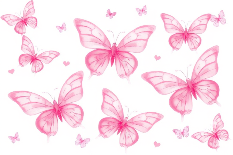 Create a soft and delicate illustration of pink butterflies in various poses. The butterflies should have translucent wings with gentle gradients of pink. Arrange them in a whimsical layout that evokes a sense of lightness and beauty.