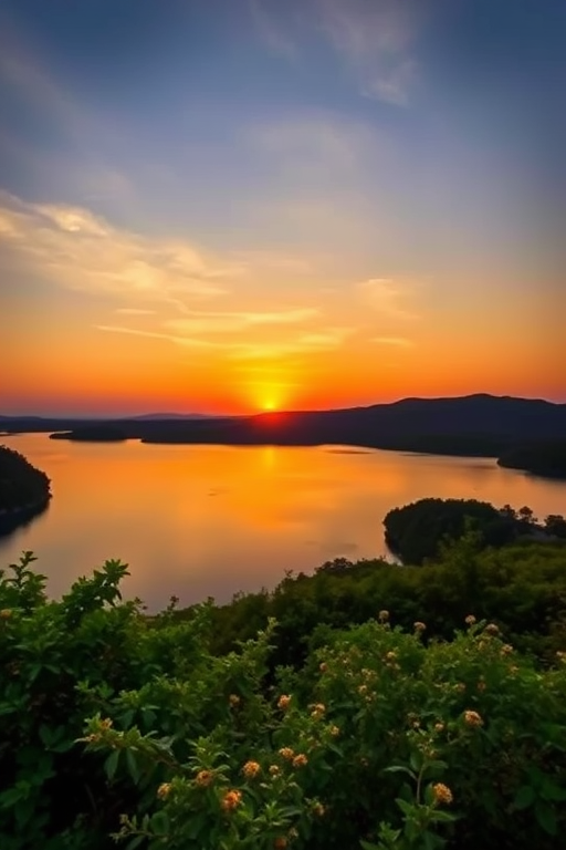 Create an image of a serene landscape featuring a sunset over a tranquil lake, with lush greenery on the shores, captured with a DSLR camera at f/8 aperture, 1/125 sec shutter speed, ISO 200, with a wide-angle lens at 24mm focal length, using a high dynamic range style for enhanced color and detail.