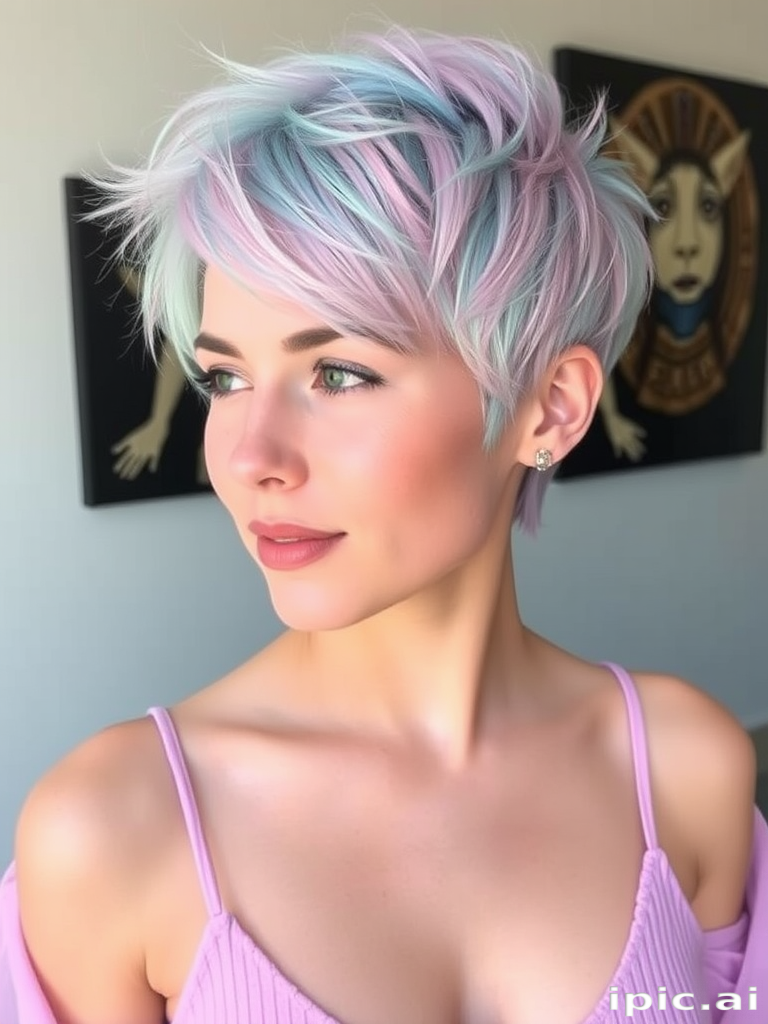 Ethereal beauty sports Pastel Rainbow pixie cut, featuring soft pastel shades of pink, blue, lavender, and mint green expertly blended in a textured, spiky style