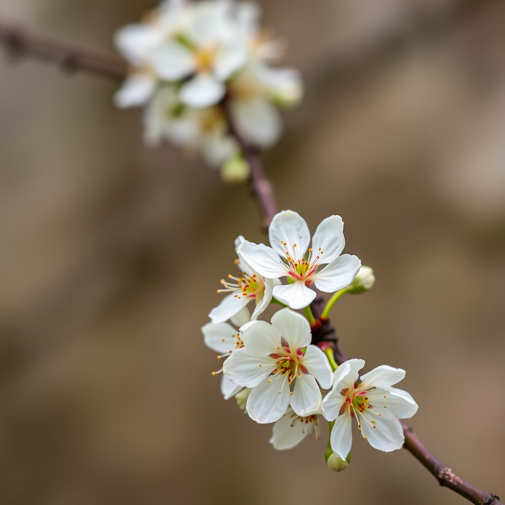 Capture a close-up shot of blooming white flowers on a branch with a shallow depth of field, using a DSLR camera with a 50mm lens, aperture set to f/2.8, ISO 100, and a shutter speed of 1/200s to create a soft, blurred background and enhance color vibrancy.