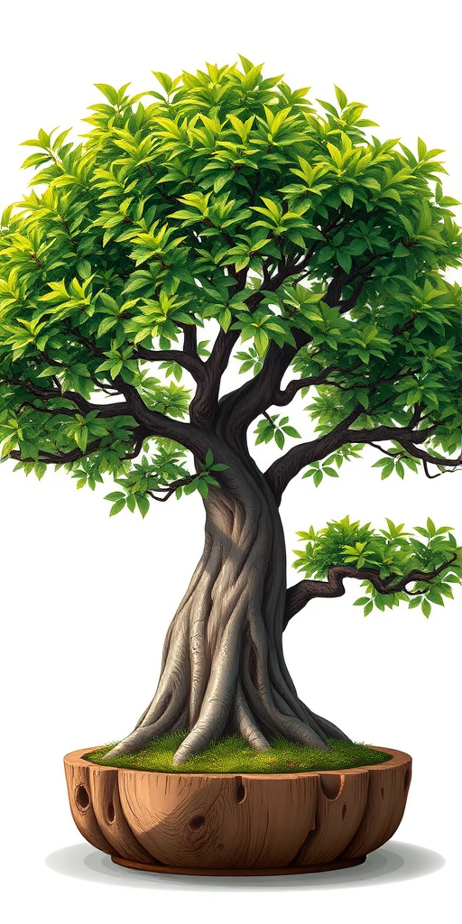 Generate a detailed illustration of a bonsai tree with a thick trunk and expansive, lush green foliage, using a DSLR camera with a 50mm lens, aperture set to f/1.8 for a shallow depth of field, shot in natural lighting from a slightly elevated angle to capture the texture of the bark and the vibrancy of the leaves.