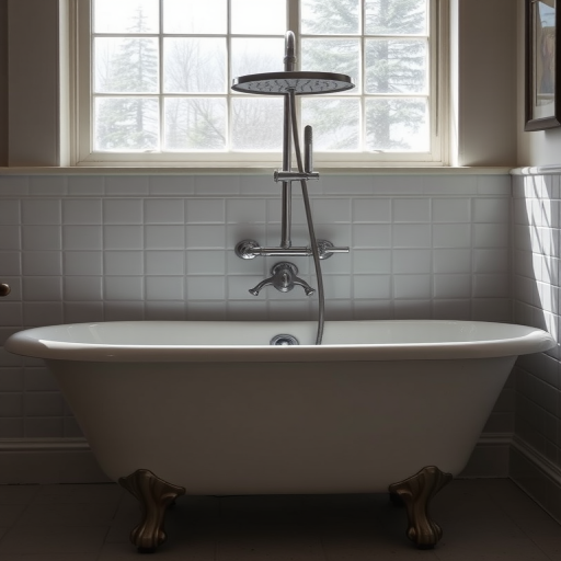 Create a high-resolution image of a vintage freestanding bathtub with a shower head above it, captured with a Canon EOS R5, 50mm lens, f/2.8 aperture, ISO 100, soft lighting from a nearby window, and a slight overexposure for a bright and airy feel.