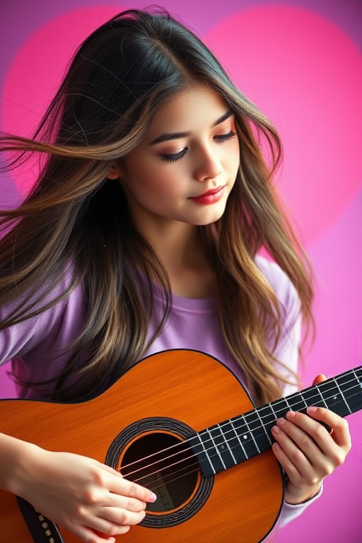 A young woman playing an acoustic guitar with flowing hair, against a pink heart and purple background, soft focus, aperture f/2.8, ISO 100, 50mm lens, portrait style.