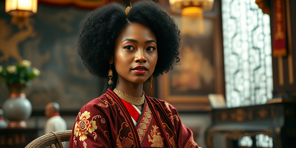 A beautiful Afro-Caribbean woman in traditional East Asian attire, intricately detailed with embroidered patterns, sitting gracefully in a richly decorated room, soft ambient lighting, serene and elegant, ultra-realistic, 8K resolution