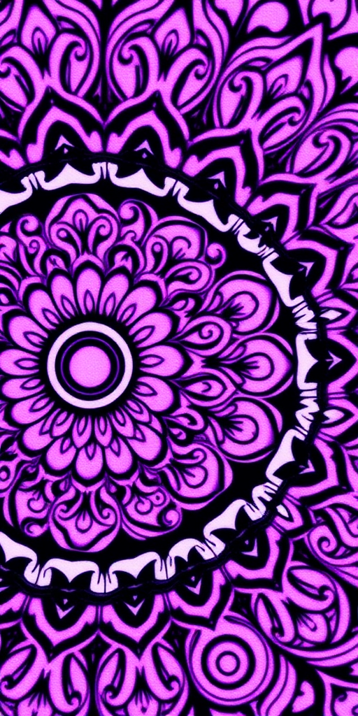 Create a detailed mandala design with intricate swirling patterns in vibrant purple and pink hues, using a DSLR camera, 50mm lens, f/1.8 aperture, ISO 100, and a macro view to capture fine details and enhance color clarity.