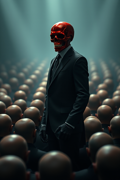 A menacing figure in a black suit with a red skull head stands confidently in a crowd of identical bald heads, all facing him, dramatic lighting highlighting the figure and casting eerie shadows, shot with a Canon EOS R5 at 50mm f/1.4, ISO 100, natural lighting, cinematic style, high contrast colors.