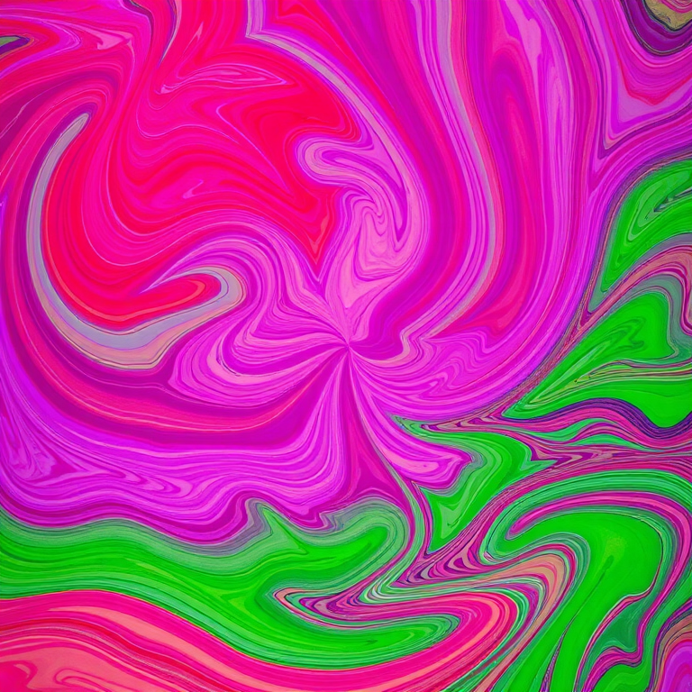 Generate a vibrant abstract pattern with swirls of red, purple, and green, captured with a Nikon D850 camera at ISO 100, f/11, 1/250 sec, using a macro lens and a top-down perspective for enhanced detail and color richness.