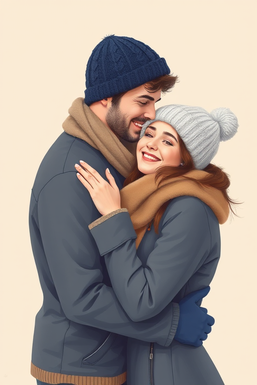 Create a high-quality illustration of a couple embracing in winter attire, with a soft beige background, using a Canon EOS R5 camera at f/2.8 ISO 100 with a 50mm lens, in bright, even lighting, focusing on capturing details of their clothing and expressions.