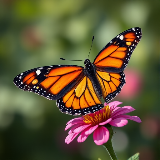 A vibrant Monarch butterfly perched on a flower, captured with a Canon EOS 5D Mark IV, 85mm lens, f/2.8 aperture, ISO 200, natural light, focusing on intricate wing patterns and textures for high detail.