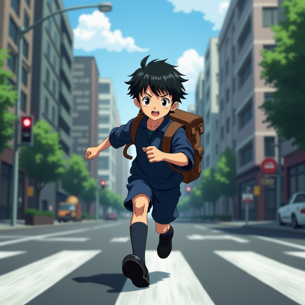 In the Japanese boondocks photorealistic anime, the camera focuses on strong muscular sideview of 9 year old boy his perfect face conveys powerful mighty passion, wearing black school dress-shoes, wearing dark blue matching school uniform. he runs lightly across wide busy city street. with stoplights in backdrop, The animation highlights the dynamic of the boy's clothes and hair blowing in the wind as he moves around, wearing leather backpack,