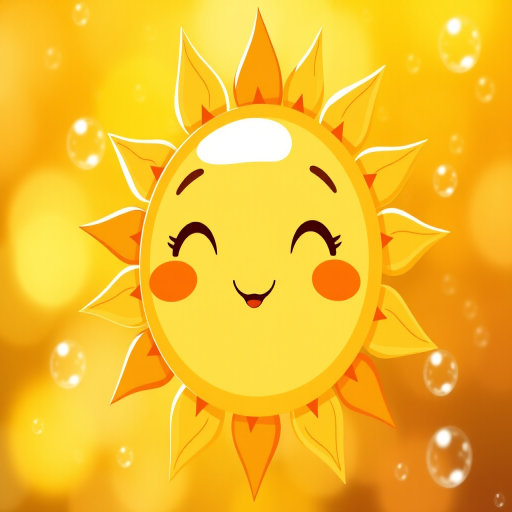 Create a cute illustrated sun character with a friendly face, soft yellow and orange hues, surrounded by sparkling bubbles, shot with a DSLR camera at f/2.8, ISO 100, 50mm lens, bright and vibrant colors, soft focus background.