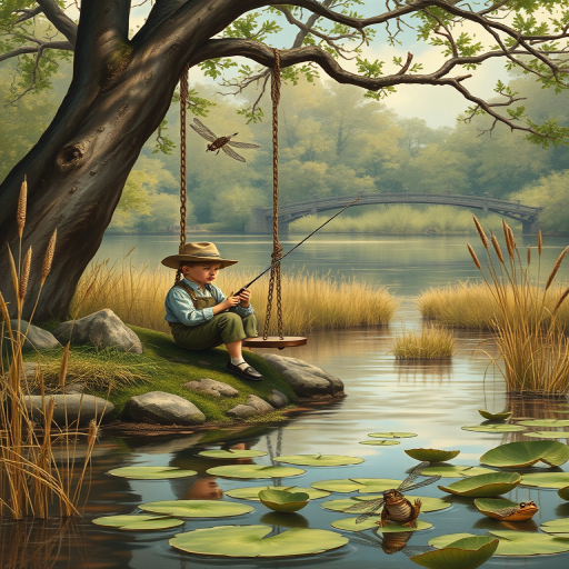 Imagine a small group of old fashioned young boys out fishing by the creek, a swing hanging from a tree branch, reeds and grasses by the water's edge, a frog sitting on a lily pad, dragonflies hovering over som water plans, a very iconic old fashioned scene reminiscent of a Norman Rockwell painting style