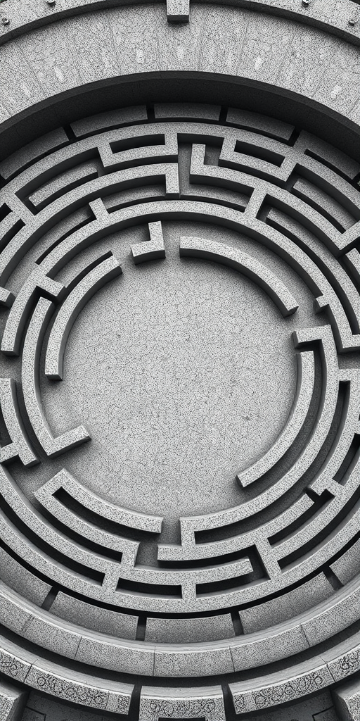 Generate a high-resolution circular maze design with intricate pathways, grayscale color scheme, sharp contrast, viewed from a top-down perspective, using a DSLR camera with a 50mm lens at f/8 aperture, ISO 100, and 1/200 sec shutter speed for enhanced clarity and detail.