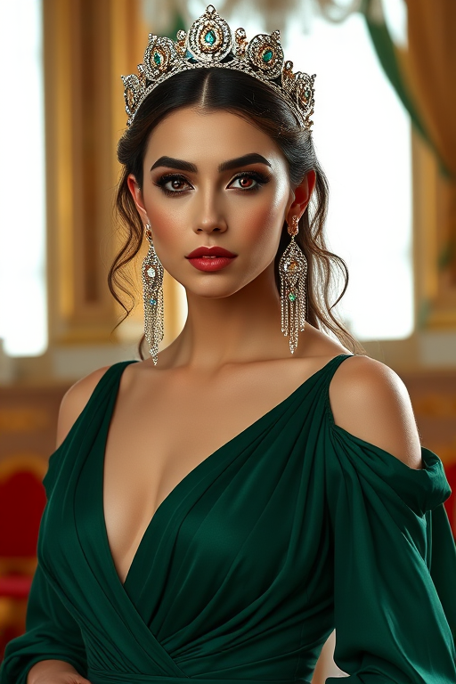 A gorgeous Chaldean woman in a luxurious green gown, accessorized with a dazzling tiara and statement earrings, her deep red eyes highlighted by impeccable makeup, poised in a royal setting, photorealistic, 8K quality