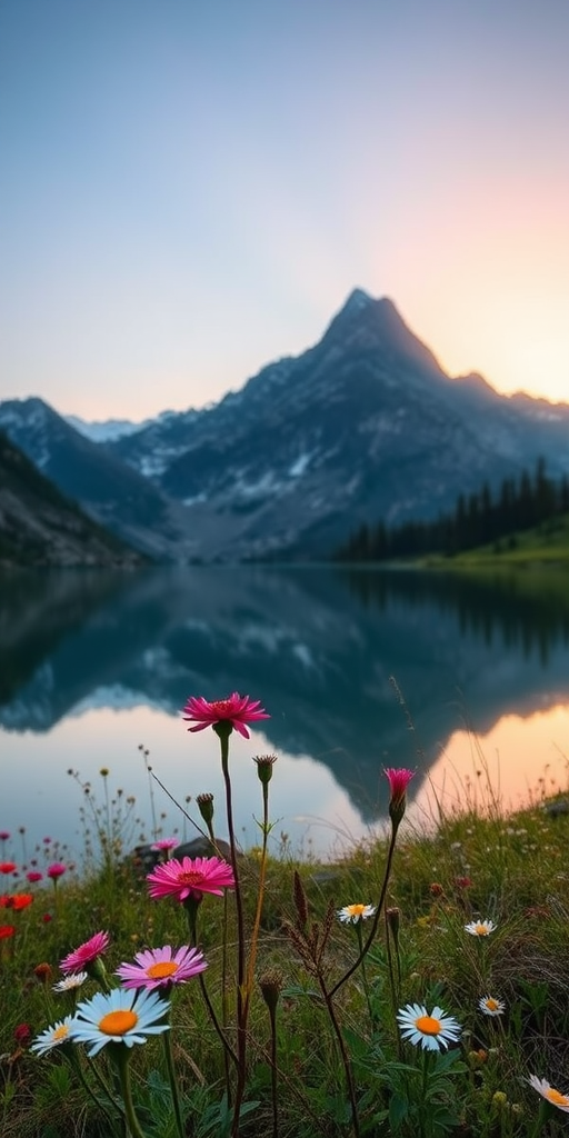 Create an image of a peaceful mountain landscape at sunrise with a clear sky and reflection on a lake, using a DSLR camera, 35mm lens, f/8 aperture, ISO 100, shot from a low angle to capture the foreground flowers and water reflections.