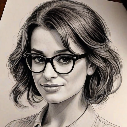 Ravishing Lea Michele, pencil sketch, portrait of Bewitching woman 1929s in glasses, hair style beatnik, outline, clear lines, fine lines, 8k