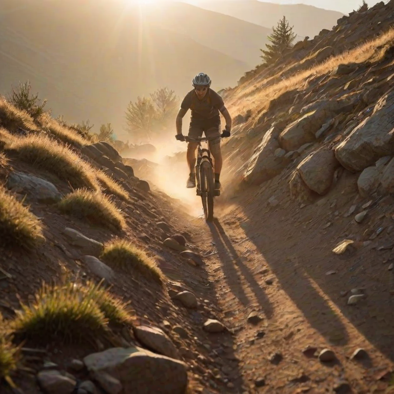 Blurry action shot of a mountain biker navigating a rocky trail at sunrise, soft golden light casting long shadows on the ground, with distant peaks barely visible through the morning mist.