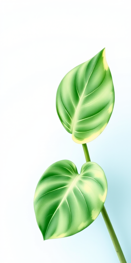 A watercolor illustration of a split-leaf philodendron against a soft pastel blue background, captured with a DSLR camera at f/2.8, ISO 100, 50mm lens, overhead view, with soft natural lighting to enhance vibrancy and detail.