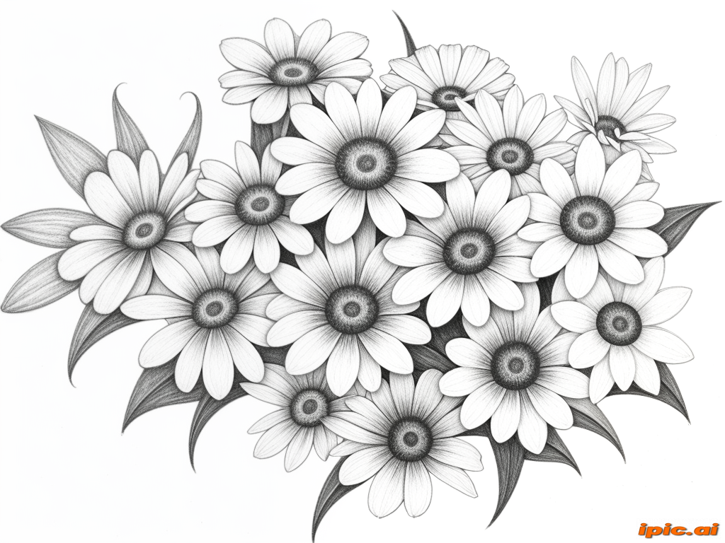 A Beautifully Detailed Sketch of a Bouquet of Daisies in Full Bloom