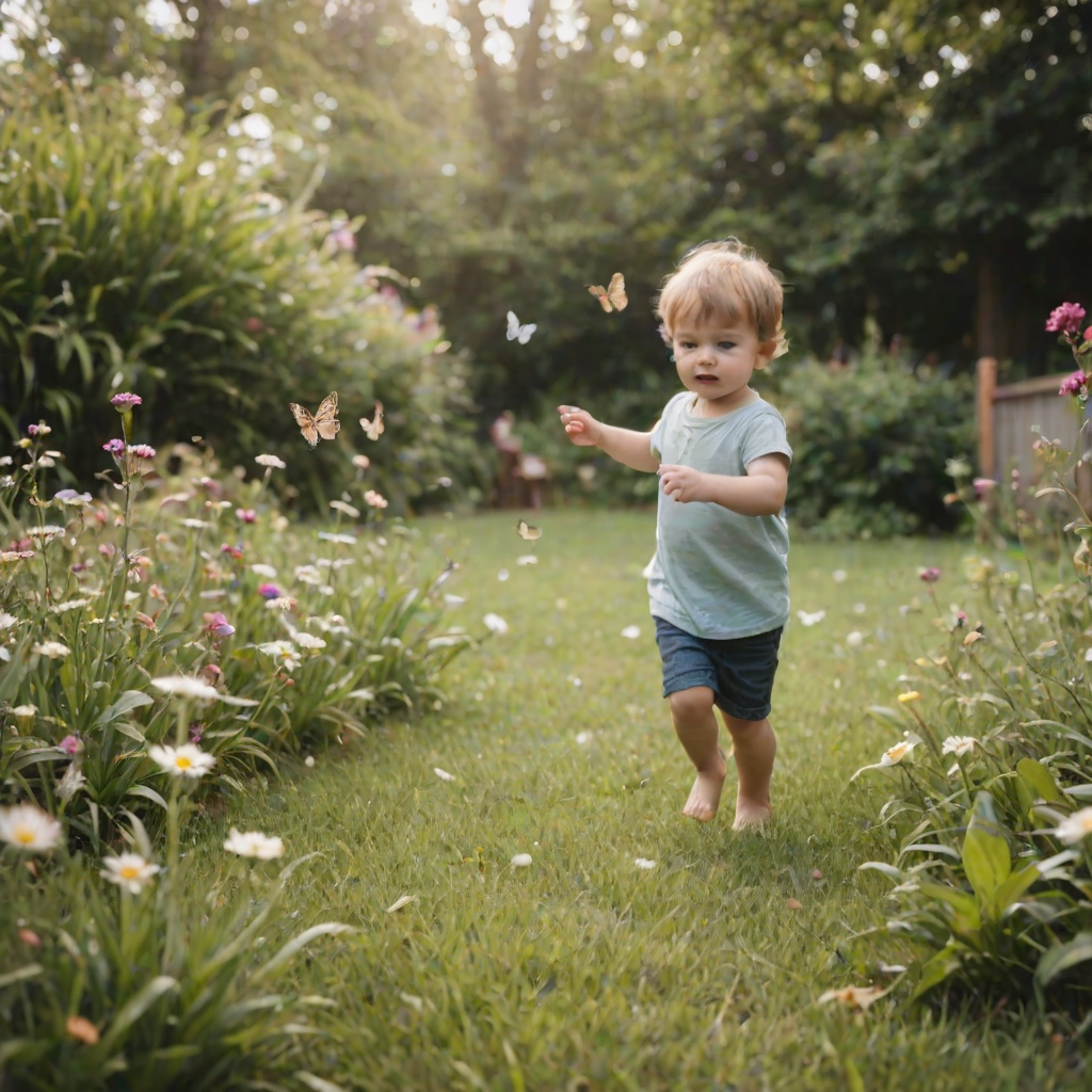 Blurry candid shot of a toddler chasing a butterfly through a garden, soft focus on the motion, distant flowers swaying gently in the breeze, and the sound of tiny footsteps on the grass.