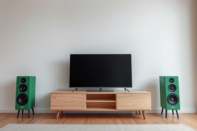minimalist living room with a sleek modern TV on a light wood console, two green speakers on either side, soft diffuse lighting, captured with a Canon EOS R5 at f/8, ISO 100, 24mm, wide-angle view to enhance spaciousness and clarity