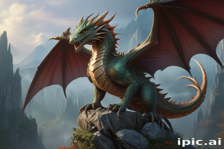 Majestic Dragon Perched on Rocky Mountain Peak Against Stunning Landscape