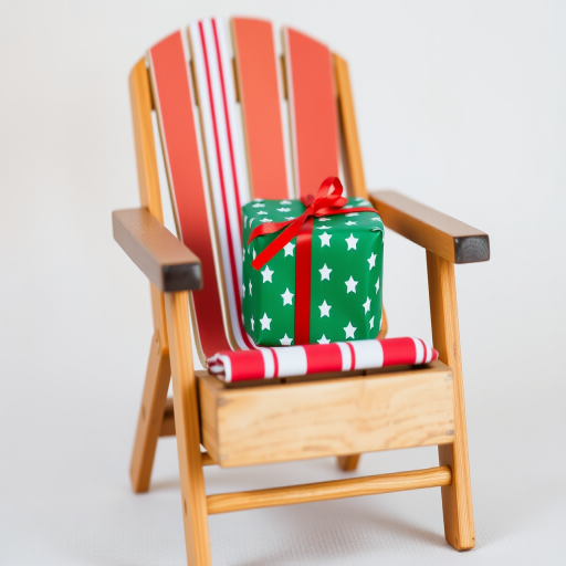 Generate an image of a small wooden deck chair with a red and white striped fabric seat, featuring a wrapped gift box in green paper with white stars and a red ribbon placed on the chair. The background should be neutral and soft to enhance the focus on the chair and the gift.