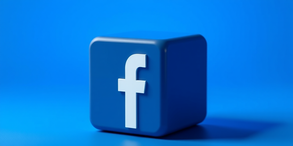 3D render of a Facebook logo cube with a blue background, soft lighting, f/8 aperture, ISO 100, 50mm lens, HDR photography, high-resolution, studio shot.