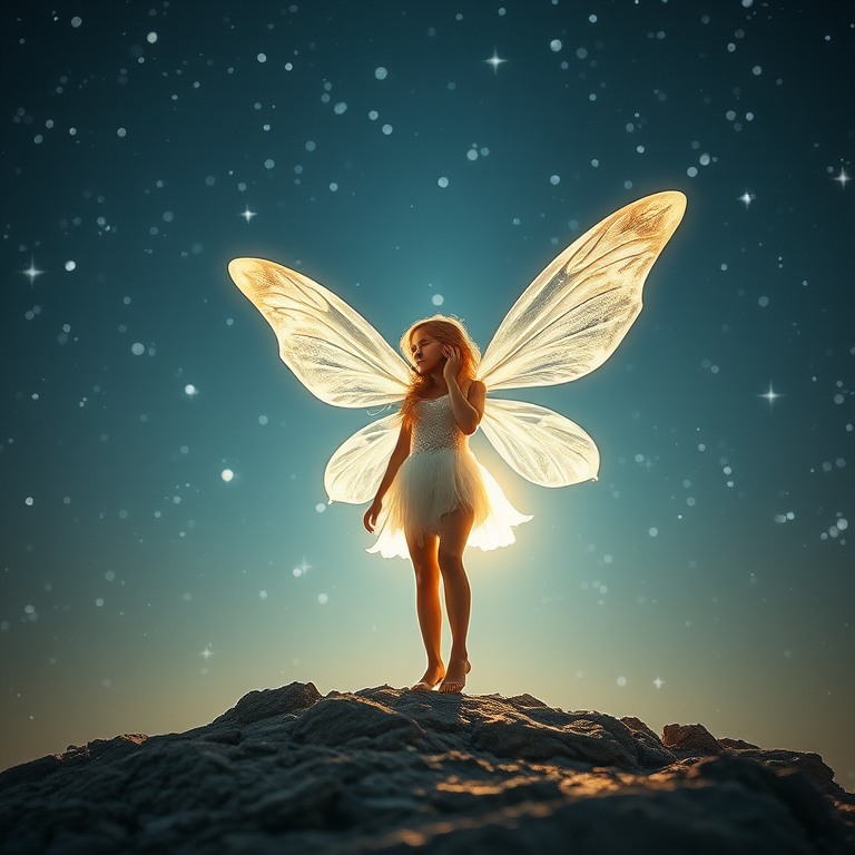 fairy with transparent wings standing on a rocky surface under a starry sky, glowing ethereal light, f/2.8 aperture, 50mm lens, ISO 100, soft focus, DSLR camera, portrait mode