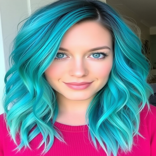 Vibrant teal to turquoise color melt style called "Ocean Reverie" with medium-length choppy layers, multi-dimensional aquatic hues blending seamlessly, textured beachy waves, face-framing pieces in lightest shade