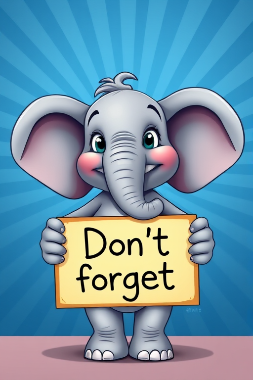 Regenerate an image of a cartoon elephant holding a sign that says "Don't forget" against a radial blue background, using a DSLR camera with a 50mm lens, aperture set to f/2.8, ISO 100, and shoot from a frontal view with vibrant colors and high contrast.