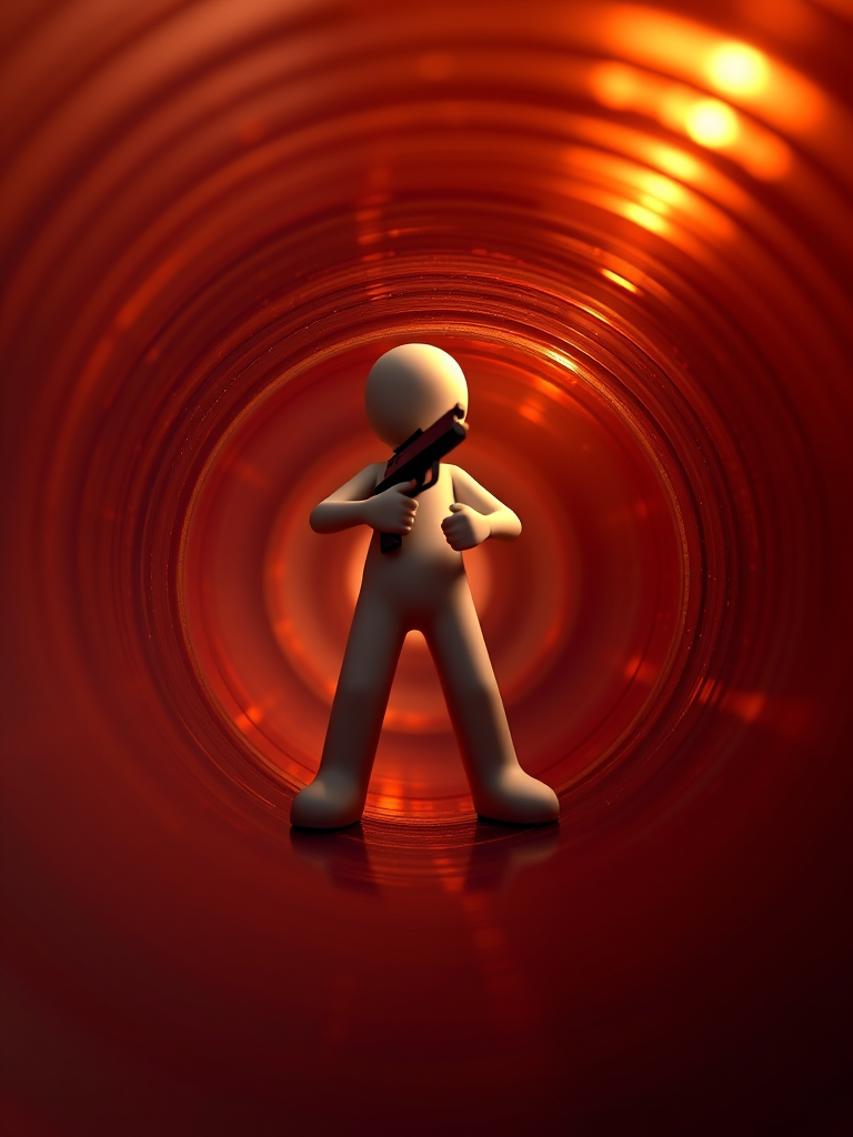 Create a 3D render of a humanoid figure holding a gun, positioned at the center of a gun barrel spiral, using a 50mm lens, f/1.8 aperture, ISO 100, shot from a low-angle perspective with dramatic lighting, in a studio setting.