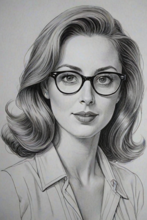 Splendid Eva Amurri Martino, pencil sketch, portrait of Gorgeous woman 1945s in glasses, hair style beatnik, outline, clear lines, fine lines, 8k