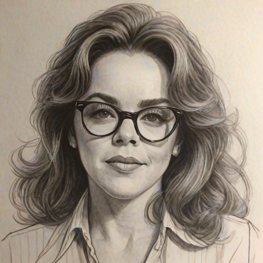 Exquisite Stockard Channing, pencil sketch, portrait of Enchanting woman 1972s in glasses, hair style beatnik, outline, clear lines, fine lines, 8k