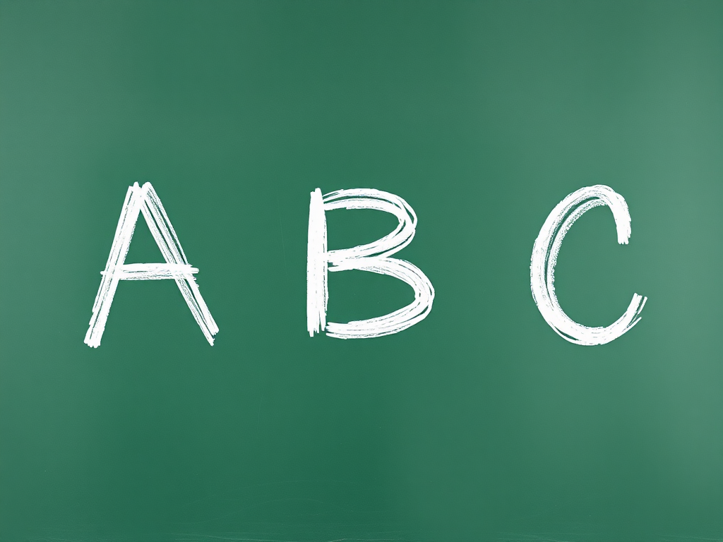 A green chalkboard with the letters A, B, and C written in white chalk, captured with a DSLR camera, 50mm lens, f/2.8 aperture, ISO 100, shot from a straight-on view for a clear and focused image.