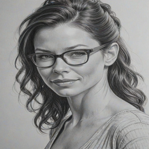 Magnificent Evangeline Lilly, pencil sketch, portrait of Attractive woman 1948s in glasses, hair style beatnik, outline, clear lines, fine lines, 8k