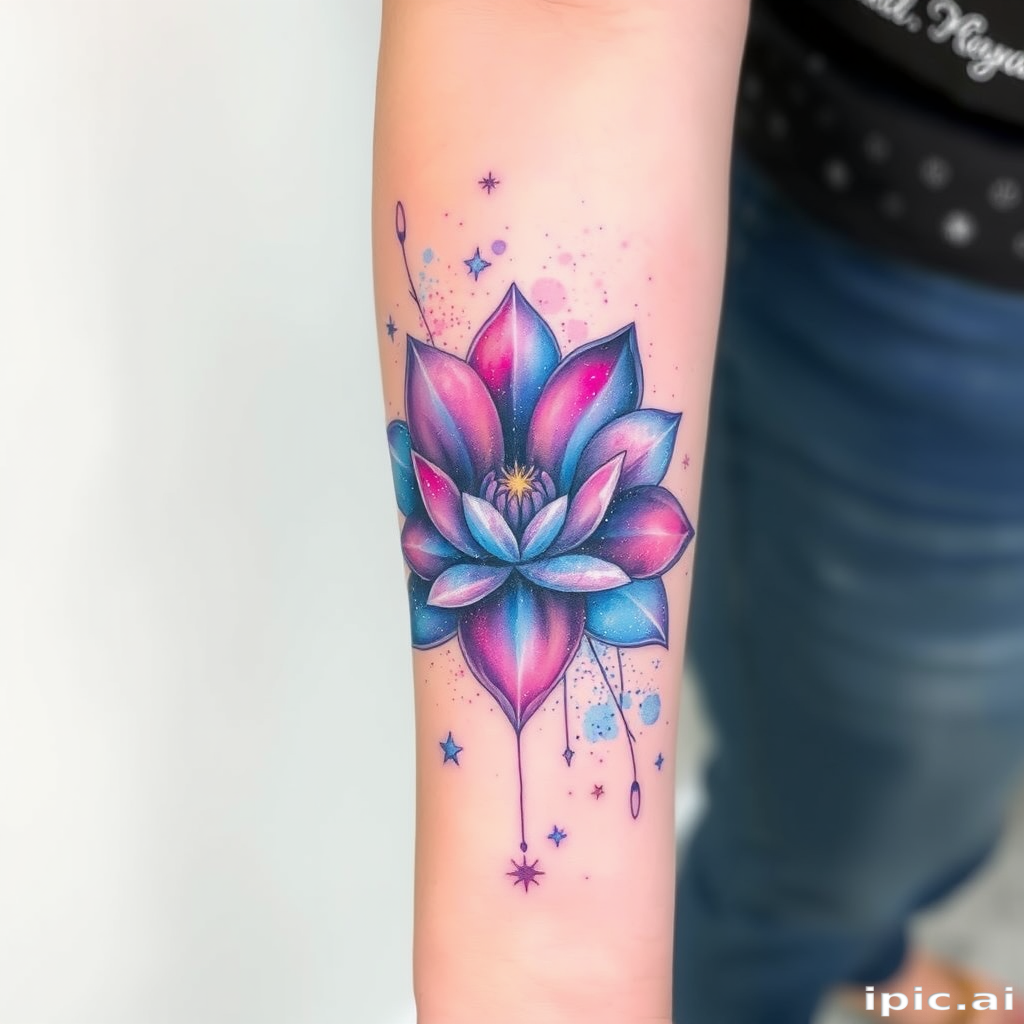 Vibrant watercolor tattoo named "Celestial Bloom" featuring a galaxy-inspired flower with swirling nebula petals and stardust accents spreading across the forearm in a mesmerizing burst of blues purples and pinks