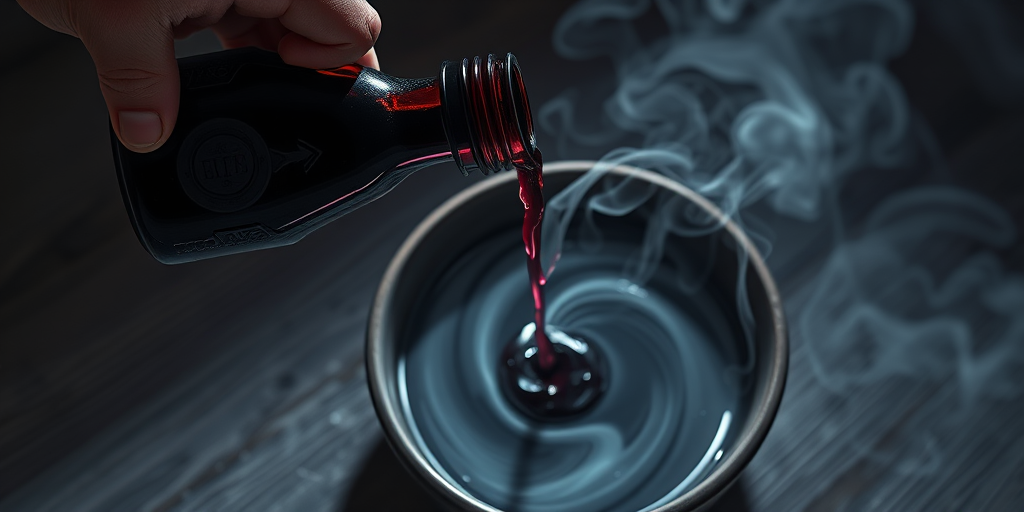 create a high-resolution digital illustration of a dark potion being poured from a unique bottle into a bowl, capturing the swirling liquid and mystical steam rising, use a Canon EOS R5 with an aperture of f/2.8, ISO 100, 50mm lens, top-down view, and a soft focus style to enhance depth and detail