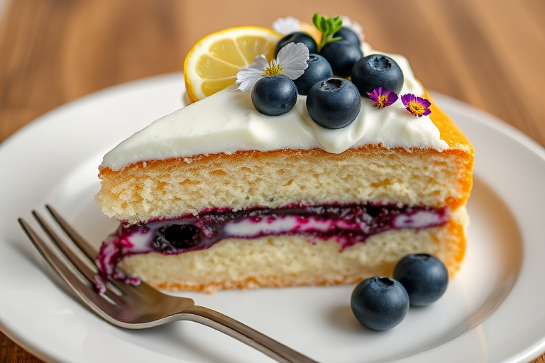 A slice of layered cake with vanilla sponge and blueberry filling decorated with whipped cream fresh blueberries a slice of lemon and edible flowers served on a white plate with a fork beside it