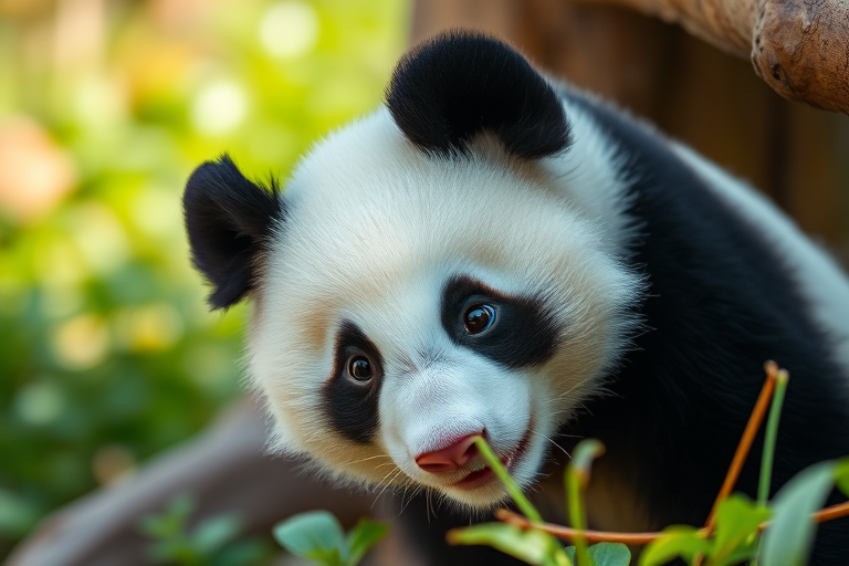 A cute panda in a natural setting, captured with a Canon EOS R5, 50mm lens, f/1.8 aperture, ISO 200, 1/250 second shutter speed, focus on the panda's face, shallow depth of field for a blurred background, vibrant colors, high resolution.