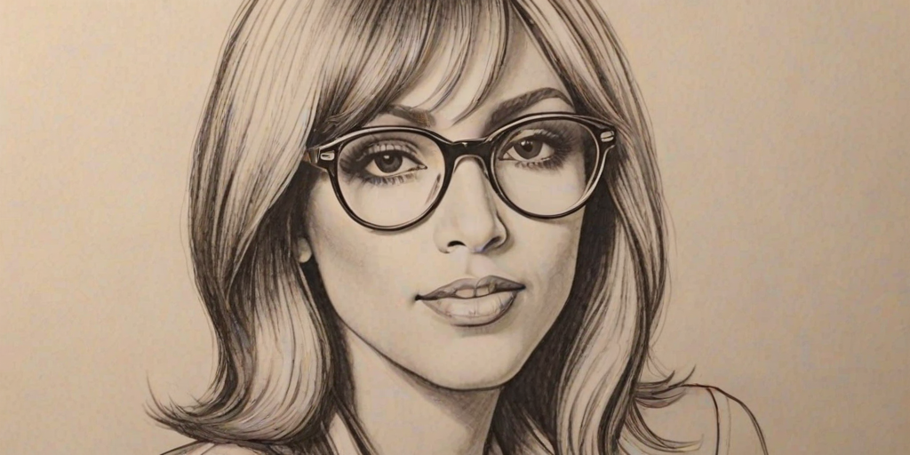 Beauteous Cathy Guetta, pencil sketch, portrait of Pleasing woman 1927s in glasses, hair style beatnik, outline, clear lines, fine lines, 8k