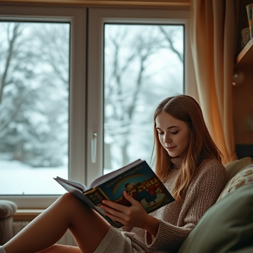 A cozy indoor scene featuring a young woman reading a book in a well-lit room with a window showcasing a snowy landscape, using a soft focus lens with a shallow depth of field, ISO 100, aperture f/2.8, 50mm lens, warm color tones, and natural lighting to enhance details and ambiance.