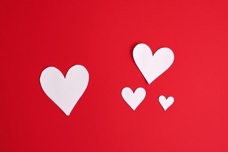four hand-drawn hearts in varying sizes on a rich red background, shot with a DSLR camera at f/2.8 aperture, 1/60 shutter speed, ISO 100, top-down view, minimalist style