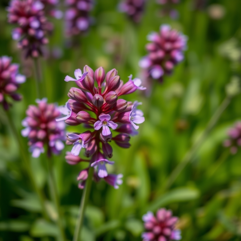 Close-up shot of blooming purple flax flowers in a lush green setting, shallow depth of field, f/2.8 aperture, 50mm lens, natural light, DSLR camera, vibrant colors.