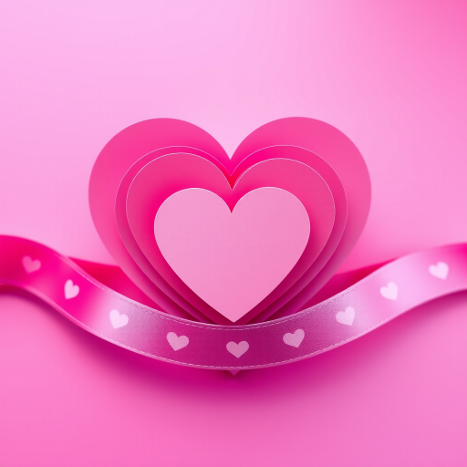 create a digital illustration of layered hearts in shades of pink on a vibrant magenta background with a ribbon featuring small hearts, include a soft focus effect, use f/5.6 aperture, 50mm lens, ISO 200, and capture in high resolution using a DSLR camera